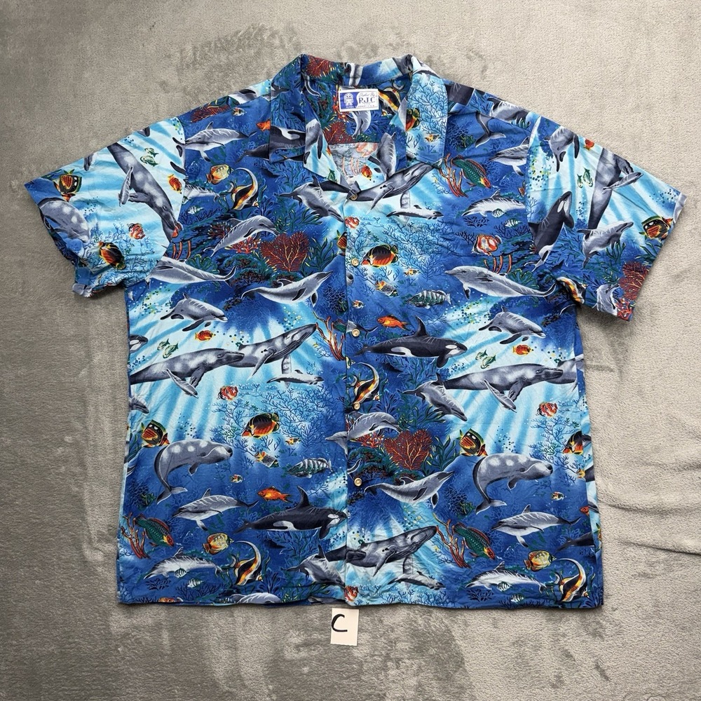 Vintage RJC Hawaiian Shirt Men 2XL Ocean Whales Dolphins Sea Art Style USA Made